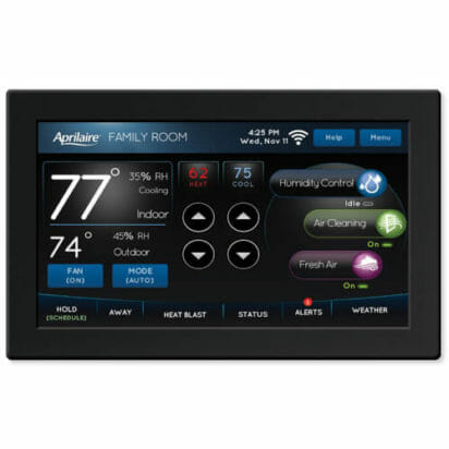 A digital thermostat display shows indoor temperature, humidity, and various system controls for fan mode, air cleaning, and humidity.