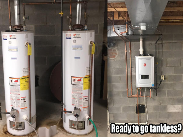 Two traditional water heaters on the left, and a wall-mounted tankless water heater on the right with the text, "Ready to go tankless?" in the bottom corner.