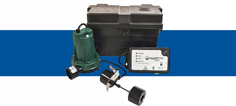 %Focuskw% | Sal'S Heating &Amp; Cooling, Plumbing &Amp; Sewer A battery backup sump pump system with a green pump, black battery box, control panel, and float switch components displayed on a white and blue background.