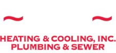 Logo with red wavy lines above the text: “Heating & Cooling, Inc. Plumbing & Sewer” in bold red and gray lettering.