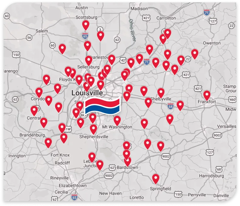 A map of Louisville, Kentucky, and surrounding areas marked with numerous red location pins and a large stylized flag icon over Louisville.