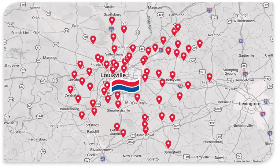 Map showing Louisville, Kentucky, with numerous red location pins scattered around the city and nearby areas, highlighting various marked locations.