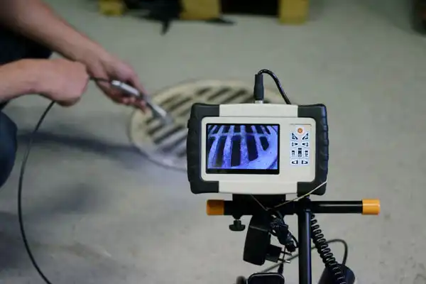 A person uses a video inspection camera, displaying a live feed of a drain's interior, to examine the inside of a floor drain cover.