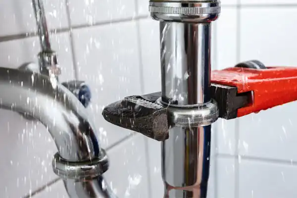 Water spraying from a leaking metal pipe as a wrench is applied to a pipe joint, indicating an attempt at plumbing repair in a tiled bathroom.
