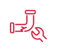 Red outline of a broken pipe with a crack, accompanied by a wrench symbol, on a white background.