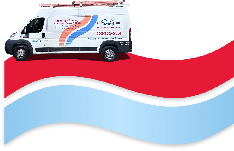 A white service van with "Sals Heating & Cooling" branding, phone number, and website, above red and blue wavy graphic shapes.