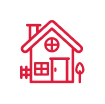 Red outline of a house with a chimney, round window, front door, fence, and tree on a white background.