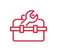 Red outline of a toolbox with a wrench on top, centered on a white background with a pixelated border.