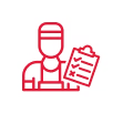 Red outline icon of a person wearing an apron and cap, holding a clipboard with checkmarks.