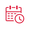 Red calendar and clock icons on a white background, symbolizing scheduling or an appointment.