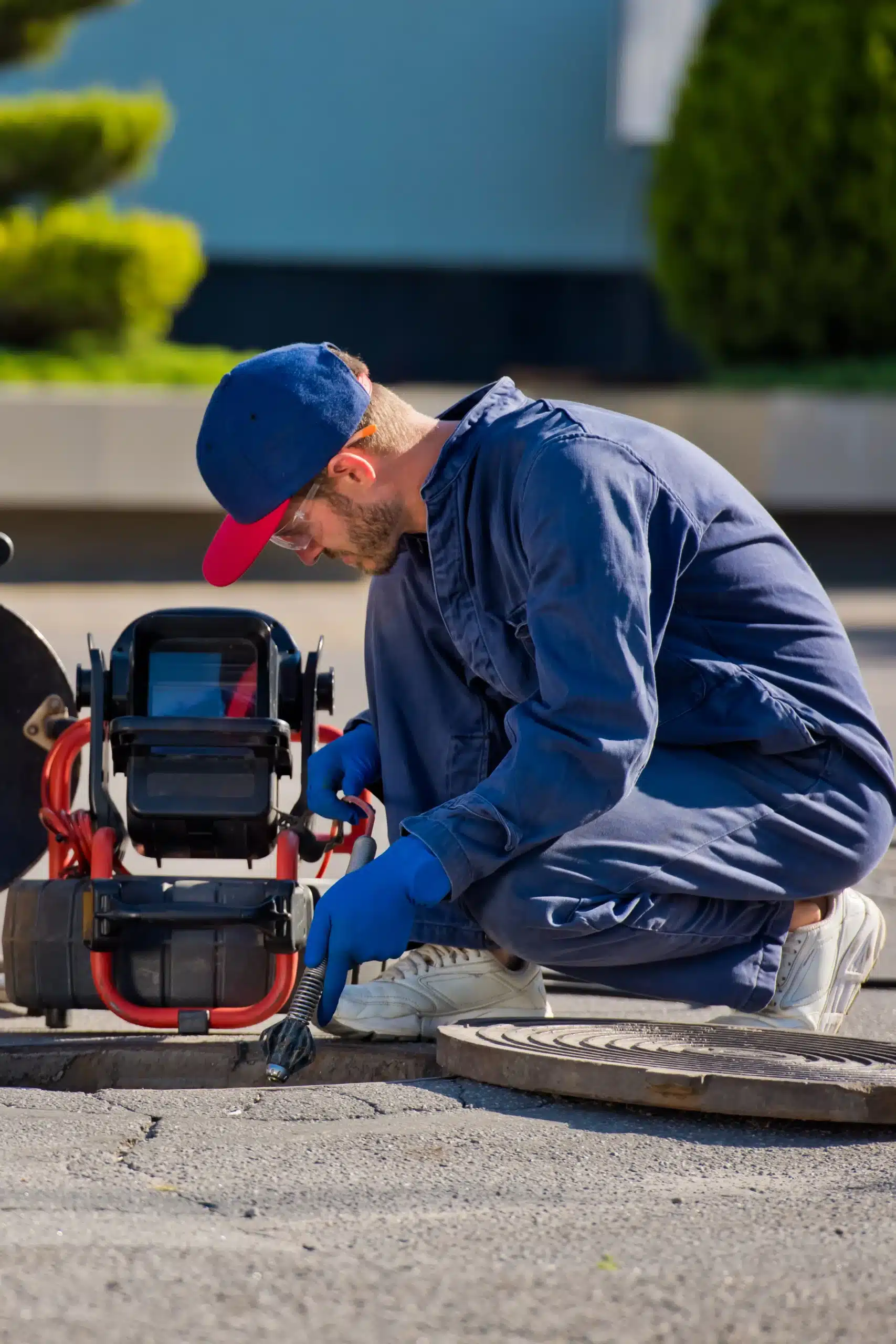 A worker wearing blue coveralls and gloves inspects a manhole using a video inspection device on a sunny day.