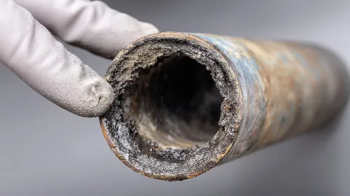 A gloved hand holds a corroded metal pipe with a thick buildup of dark residue or scale inside.