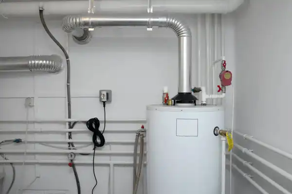 A water heater in a utility room with pipes connected to it and running along the walls; various fittings and controls are visible.