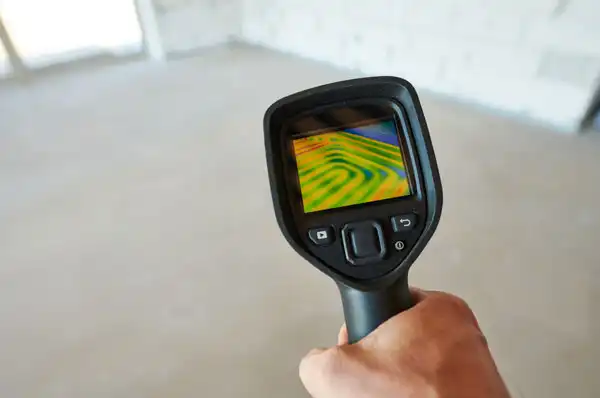 A person holds a handheld thermal imaging camera, displaying a heat map of temperature variations in an indoor environment.