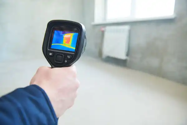 A person holds a thermal imaging camera pointed at a wall with a radiator, displaying a heat map on the camera screen.