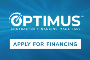 Optimus logo with the tagline "Contractor Financing Made Easy" on a blue background, highlighting simple finance options and a button labeled "Apply for Financing.