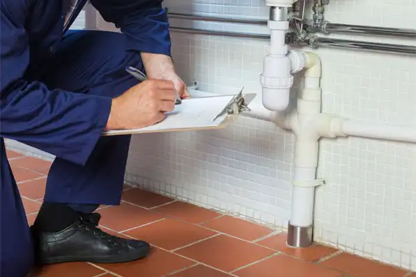 Person in work attire kneeling on tiled floor, inspecting and writing notes on a clipboard near exposed plumbing pipes under a sink.