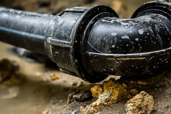 Close-up of a black plastic water pipe with a joint, partly covered in dirt and surrounded by muddy ground and rocks.
