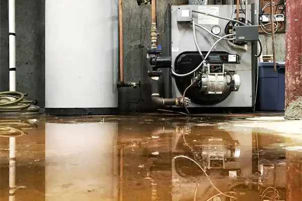 Flooded basement with standing water on the floor, visible around a water heater, pipes, and boiler equipment against the wall.