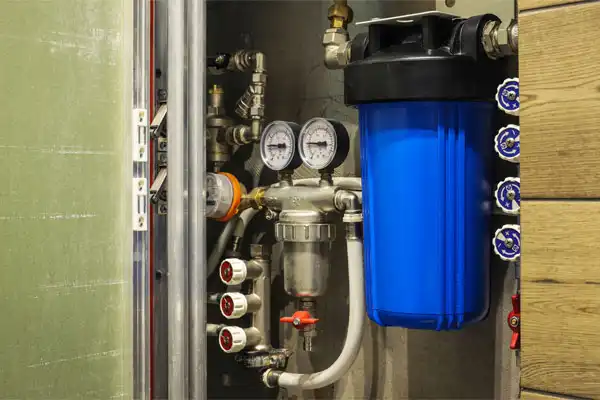 Plumbing system with gauges, pipes, valves, and a large blue water filter installed inside a utility cabinet.