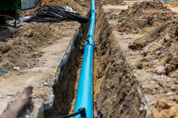 A blue water pipe is installed in a trench dug into the ground at a construction site, with loose soil piled on both sides.