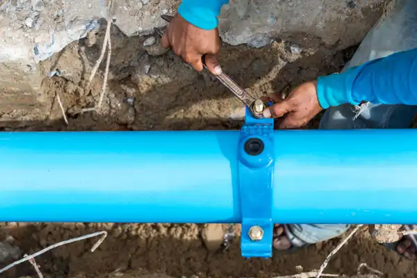 Person tightening bolts on a blue underground water pipe with a wrench, surrounded by dirt and rocks.