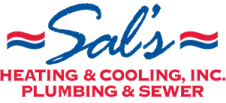 Logo with blue "Sals" text, red and blue wave lines, and red text below reading "HEATING & COOLING, INC. PLUMBING & SERVICE.