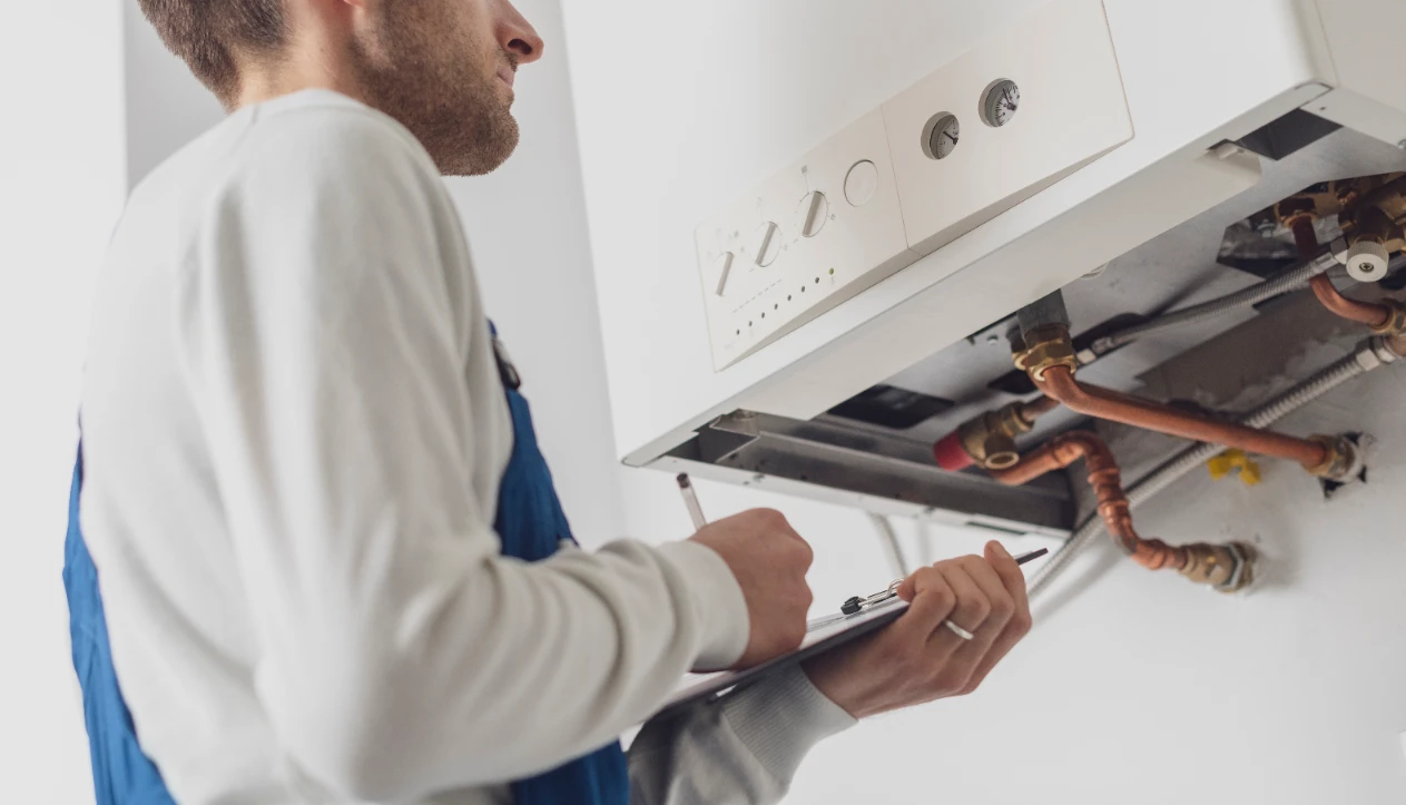 A technician inspects a boiler system, holding a clipboard and pen while examining pipes and controls.