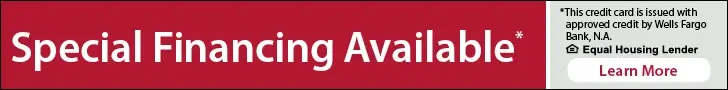 Banner with text "Special Financing Available," highlighting flexible finance options and a note about credit card issuance by Wells Fargo Bank, N.A., plus a "Learn More" button and Equal Housing Lender logo.