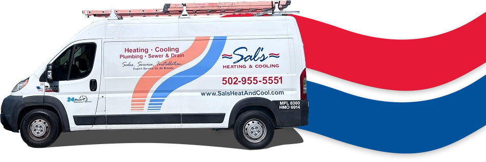 White service van with company logo “Sal’s Heating & Cooling” and contact info, featuring red and blue curved stripes on the side and a ladder on the roof.