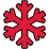 A red snowflake icon with six symmetrical branches on a solid black background.