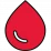 A red droplet shape on a black background with a curved black mark inside the lower left area of the droplet.